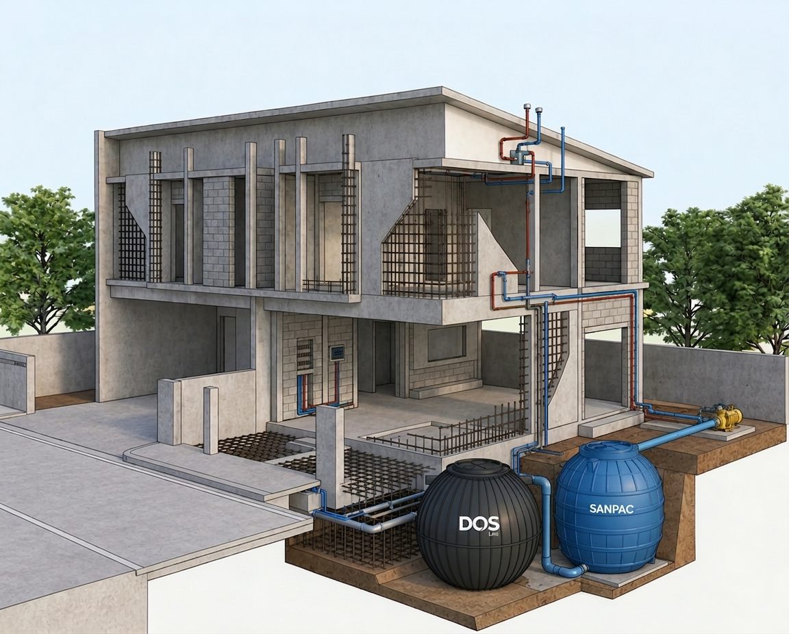 Cutaway of the house structure showing piles, lightweight block walls and services
