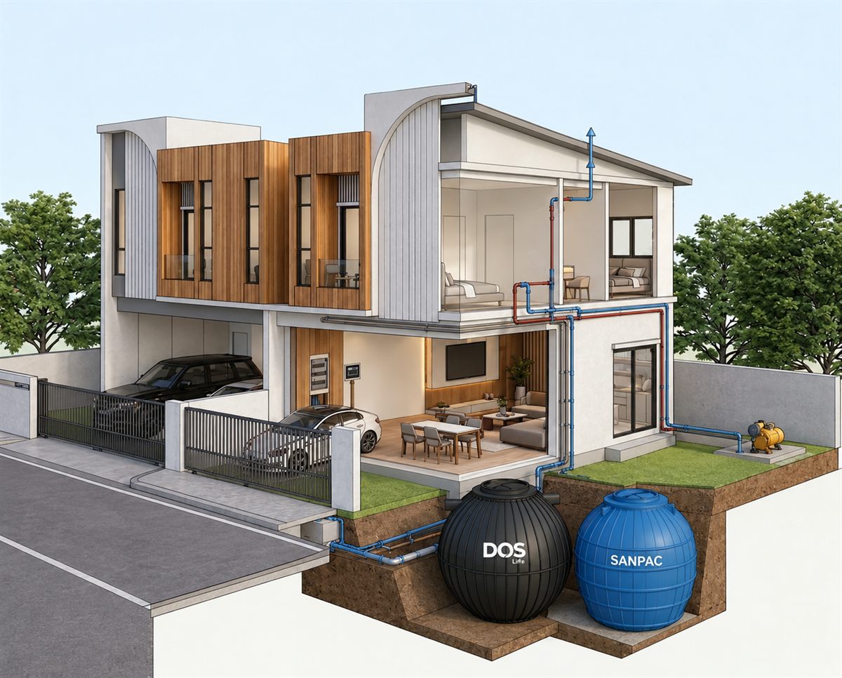 House cutaway showing electrical system, SANPAC water tank, DOS treatment tank and parking